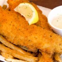 Fish and Fries Platter · Choose from cod, ocean perch, or catfish filets served with coleslaw and fresh cut fries.