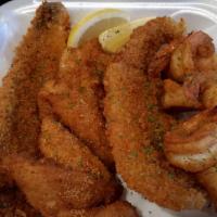 Variety Platter · Sample a little of everything. Includes shrimp, calamari, cod, catfish, perch, fries, and co...