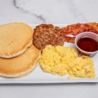 Breakfast Platter B · Two eggs (any style) Bacon, Pancakes and Sausage Patty