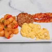 Breakfast Platter C · Two eggs  (any style), Bacon, Sausage Patty and Home Fries