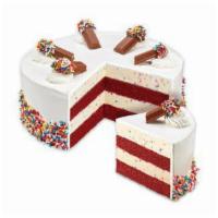 Cake Batter Confetti · Layers of moist red velvet cake and cake batter ice cream with rainbow sprinkles wrapped in ...