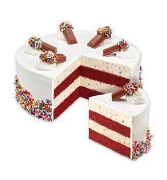 Cake Batter Confetti · Layers of moist red velvet cake and cake batter ice cream with rainbow sprinkles wrapped in fluffy white frosting.