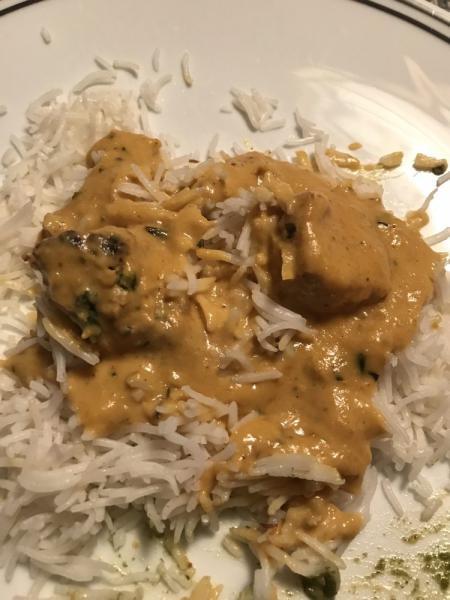 Chicken Korma · Skewered chicken cooked in nutty creamy gravy with a touch of saffron. Prepared with white meat and served with basmati rice.