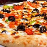 Classic Veggie Pizza · Onions, green peppers, mushrooms, Roma tomatoes and black olives. Vegetarian.