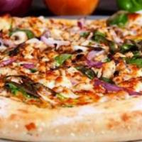 BBQ Chicken Pizza · BBQ sauce, grilled chicken strips, mushrooms, red onion and green peppers.