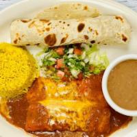 Reynosa Plate · Two Ground Beef Enchiladas And A Chicken Fajita Taco, Served With Pico De Gallo, Rice & Refr...