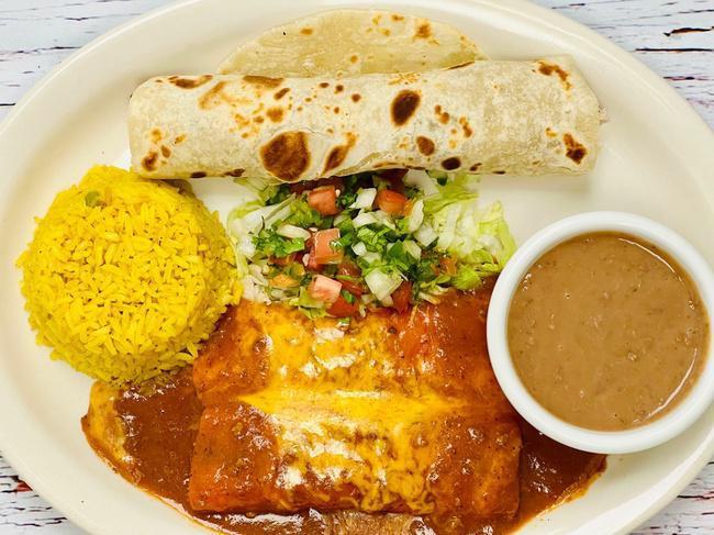 Reynosa Plate · Two Ground Beef Enchiladas And A Chicken Fajita Taco, Served With Pico De Gallo, Rice & Refried Beans