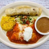 Laredo Plate · 2 Ranchera Chicken Enchiladas, 1 Beef Fajita Taco Served With Pico De Gallo, Sour Cream, Ric...