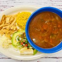 Tortilla Soup · Mushrooms, Onions, Tomatoes And Fine Herbs, Served With Rice, Sliced Avocado, Monterey Chees...