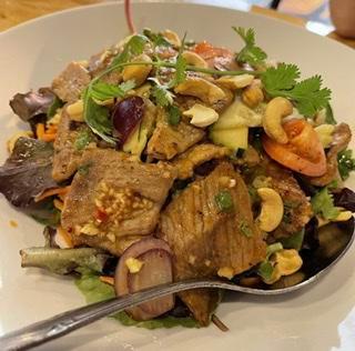 G1. Beef Salad · Filled steak, grilled eggplant, cherry tomato, lettuce, and thai herbs in signature  dressing.