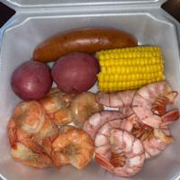 Shrimp combo plate · 1/2 lbs Royal Reds Shrimp,  1/2 lbs Gulf White Shrimp,  1- Corn,  2- Potatoes, 1- Sausage  