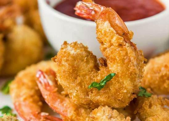 Fried Coconut Shrimp (8 pcs) · Jumbo shrimp coated with coconut flakes, lightly battered and served with Remoulade sauce