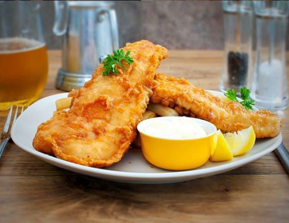 Fish and Chips · Fresh beer battered cod, tartar sauce, and shoestring fries.