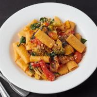 Rigatoni Primavera · Grilled vegetables, diced plum tomatoes, sauteed spinach parmigiano, and roasted garlic oliv...