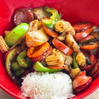 Small Blazin' Cajun Sausage Bowl · Sausage, pork, carrots, baby corn, onions, bell peppers and potatoes, stir-fried in Khan Pao...