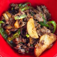 Small Roasted Garlic Beef · Sliced beef, potatoes, mushrooms, green onions and bell peppers, stir-fried with roasted gar...