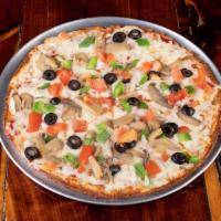 The Garden Pizza · Fresh mozzarella, bell peppers, onions, mushrooms, black olives and fresh tomatoes.