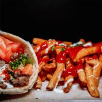 Gyro with Fries  · Fresh pita bread filled with gyro, crisp lettuce and sauteed onions drizzled with white sauc...