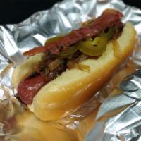 El Bam-Ban Hot Dog · Sausage link, grilled onions, pickled sliced jalapenos, crispy bacon strip and a bag of chips.