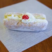 Bismarks · Doughnut shell filled with cust, whipped cream, and raspberry.