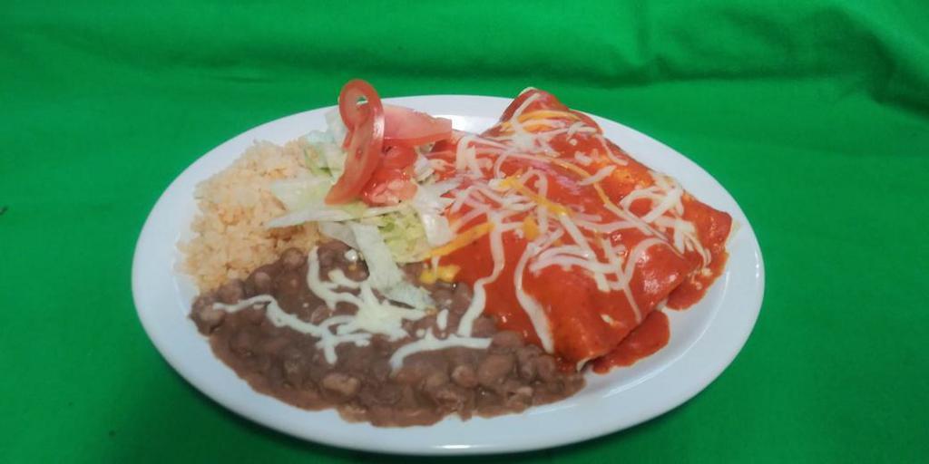 Enchiladas · Served with choice of meat. Includes 3 enchiladas, rice and beans garnished with lettuce and dice tomatoes 