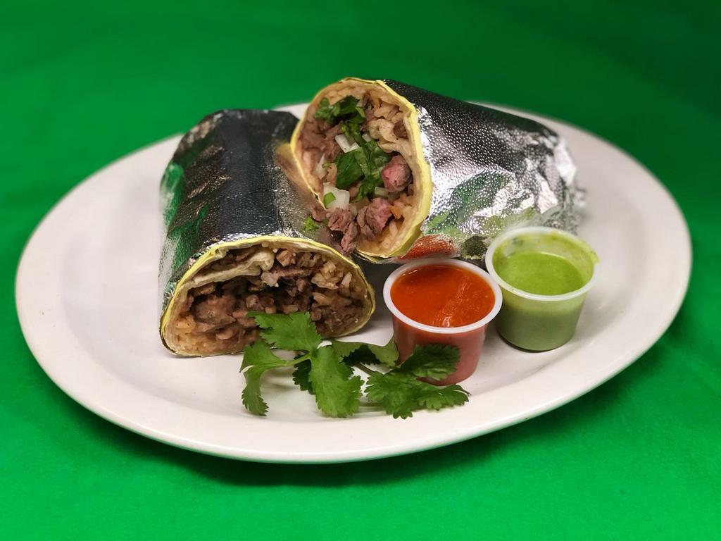 Burrito con Carne (meat of your choice ) · Served with choice of meat. Includes beans, rice cilantro and onions