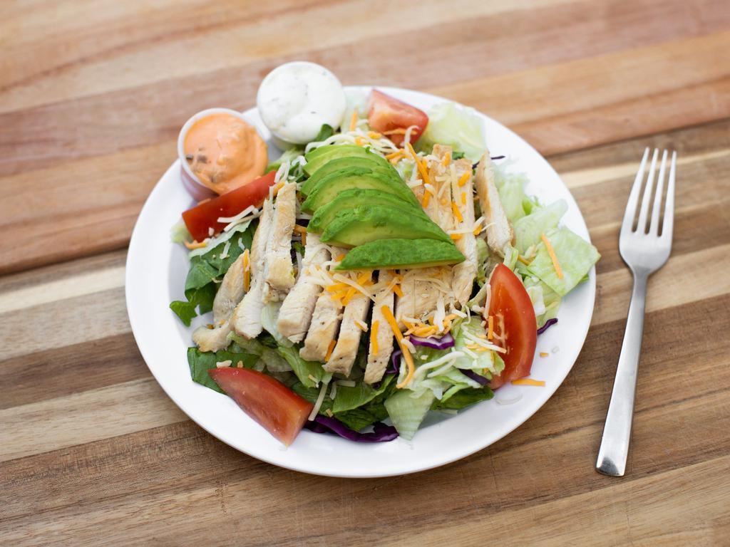 Chicken Salad · Chicken breast, Iceberg lettuce, tomatoes, mozzarella Cheese and avocado, ranch dressing.