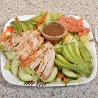 Grill Chicken Salad · Grilled chicken, avocado, tomato, carrots, cucumbers over iceberg lettuce and mix green.