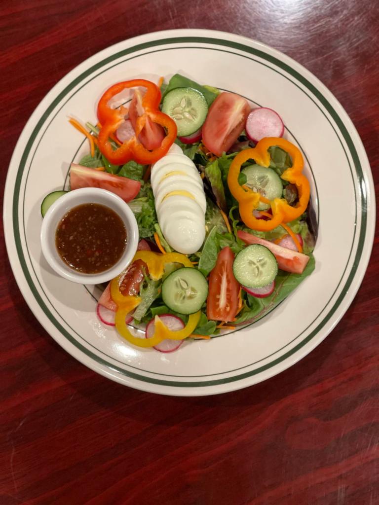 The One Salad · Baby spring mix salad, chopped romaine, radish, egg, bell peppers, tomato.