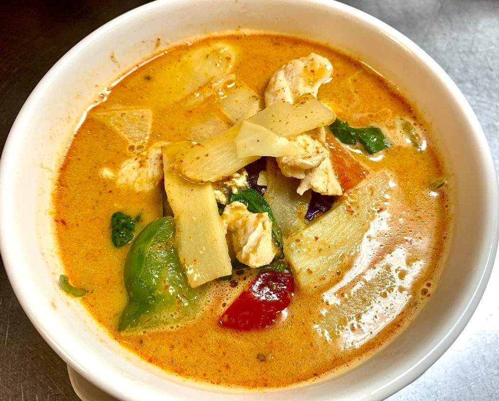 Red Curry ( spicy bit sweet  curry ) · Bamboo shoot, and basil leaves with coconut milk.