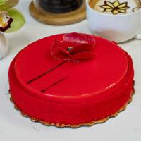 Red Flower · Poppy seeds sponge, compote with peach, raspberry and strawberry, vanilla delicate mousse, i...