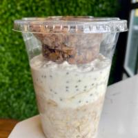 Overnight oat with chia pudding · Old-fashioned oats, chia seeds, maple syrup, yuzu juice, almond milk, salt, granola.