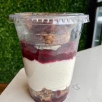 Yogurt with cherry · Cherry jelly, greek yogurt, granola. 