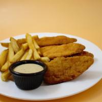 Chicken Tenders · Traditional crispy or Buffalo style served with french fries.