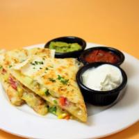 Quesadillas · Veggies, pepper jack cheese, salsa, guacamole and sour cream. Add chicken for an additional ...