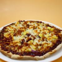 Hawaiian BBQ Chicken Pizza · Fried chicken, bacon, pineapple, sauteed red onion and mozzarella.