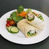 Grilled Chicken Wrap · Mesclun greens, sliced apple and a Jack cheddar blend with honey mustard.