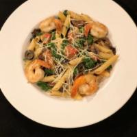 Mediterranean Penne · Shrimp, Kale, Black Olives, Tomatoes & Mushrooms sautéed with White Wine & an infused Thyme,...