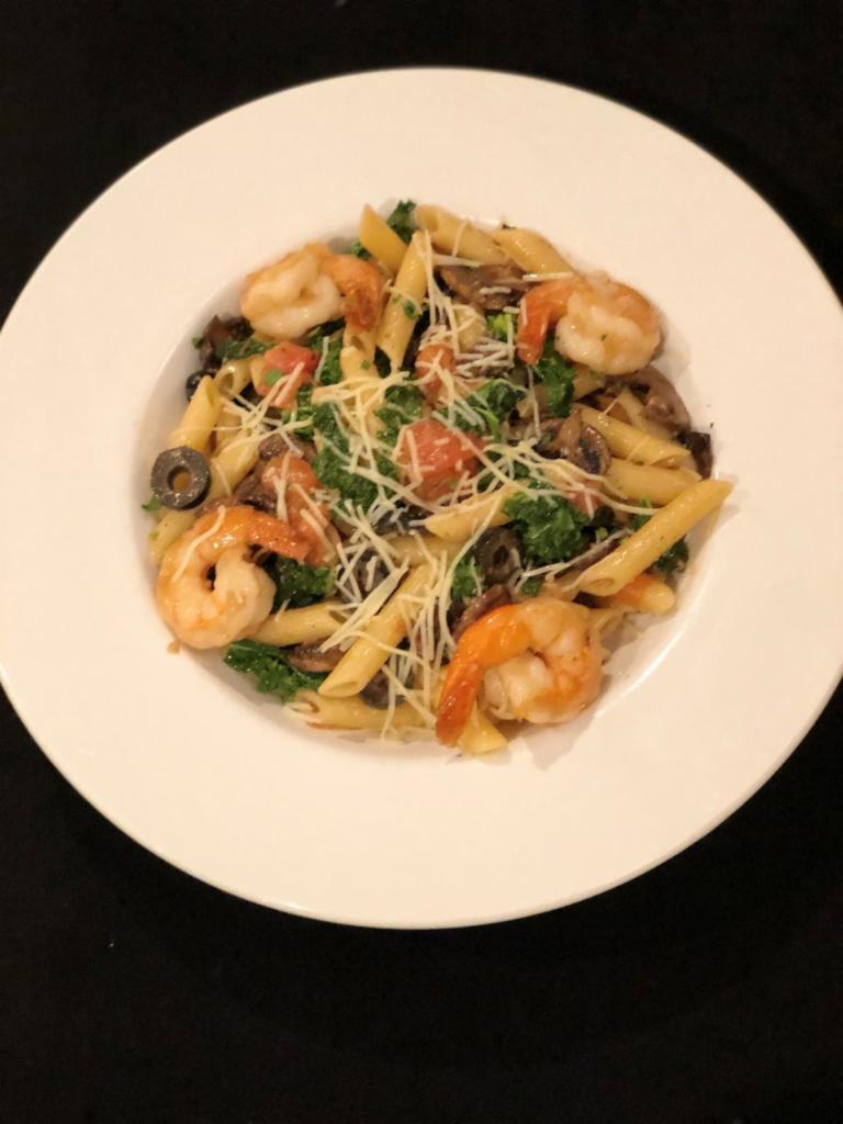 Mediterranean Penne · Shrimp, Kale, Black Olives, Tomatoes & Mushrooms sautéed with White Wine & an infused Thyme, Rosemary, Garlic Oil