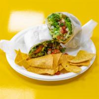 No Meat Burrito · Delicious warm flour tortilla with rice, beans, lettuce, pico de gallo and topped with chees...