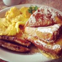 3 French Toast with Sausage and eggs · 