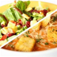 Creamy Tomato Basil Soup with Small Salad · Smooth soup with pureed tomatoes and basil.