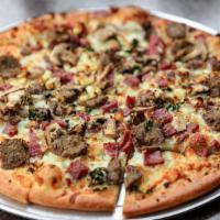 The Prestino Pizza · Garlic butter, olive oil, genoa salami, meatballs, fresh mushrooms, feta cheese, mozzarella ...