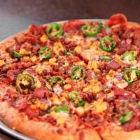 The “Jimmy Pizza · Spicy all-natural red sauce, Italian salami, pepperoni, bacon, fresh jalapenos, roasted corn...