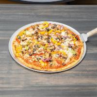 The King Pizza · Pepperoni, sausage, Canadian bacon, onions, fresh mushrooms, black olives, bell pepper mix r...