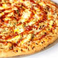 Maria’s BBQ Chicken Pizza · Sweet BBQ sauce, roasted chicken, red onions, bacon, cheddar, and mozzarella cheese.