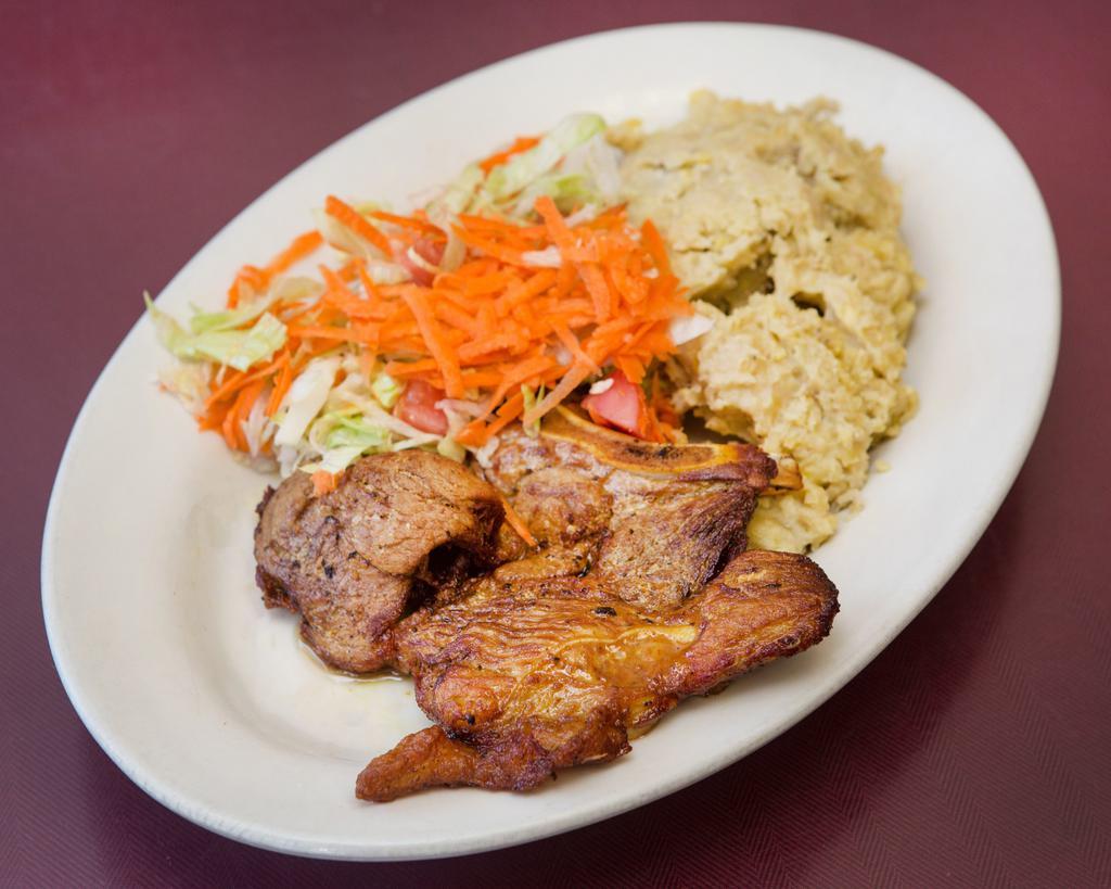 Pork Chop Dinner Special · Served with a choice of rice and beans or green plantains or sweet plantains and small salad.