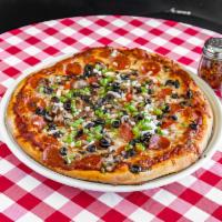 Giuseppi's Supreme Pizza · Hand-tossed crust with sausage, pepperoni, onions, green peppers, mushrooms and black olives.
