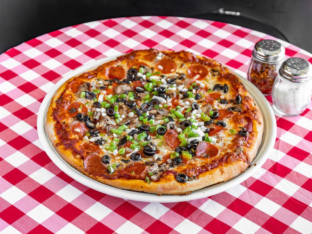 Giuseppi's Supreme Pizza · Hand-tossed crust with sausage, pepperoni, onions, green peppers, mushrooms and black olives.