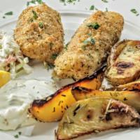 8 oz. Sicilian Breaded Baked Cod · Served with rosemary roasted Yukon Gold potatoes, homemade creamy coleslaw, tartar sauce and...